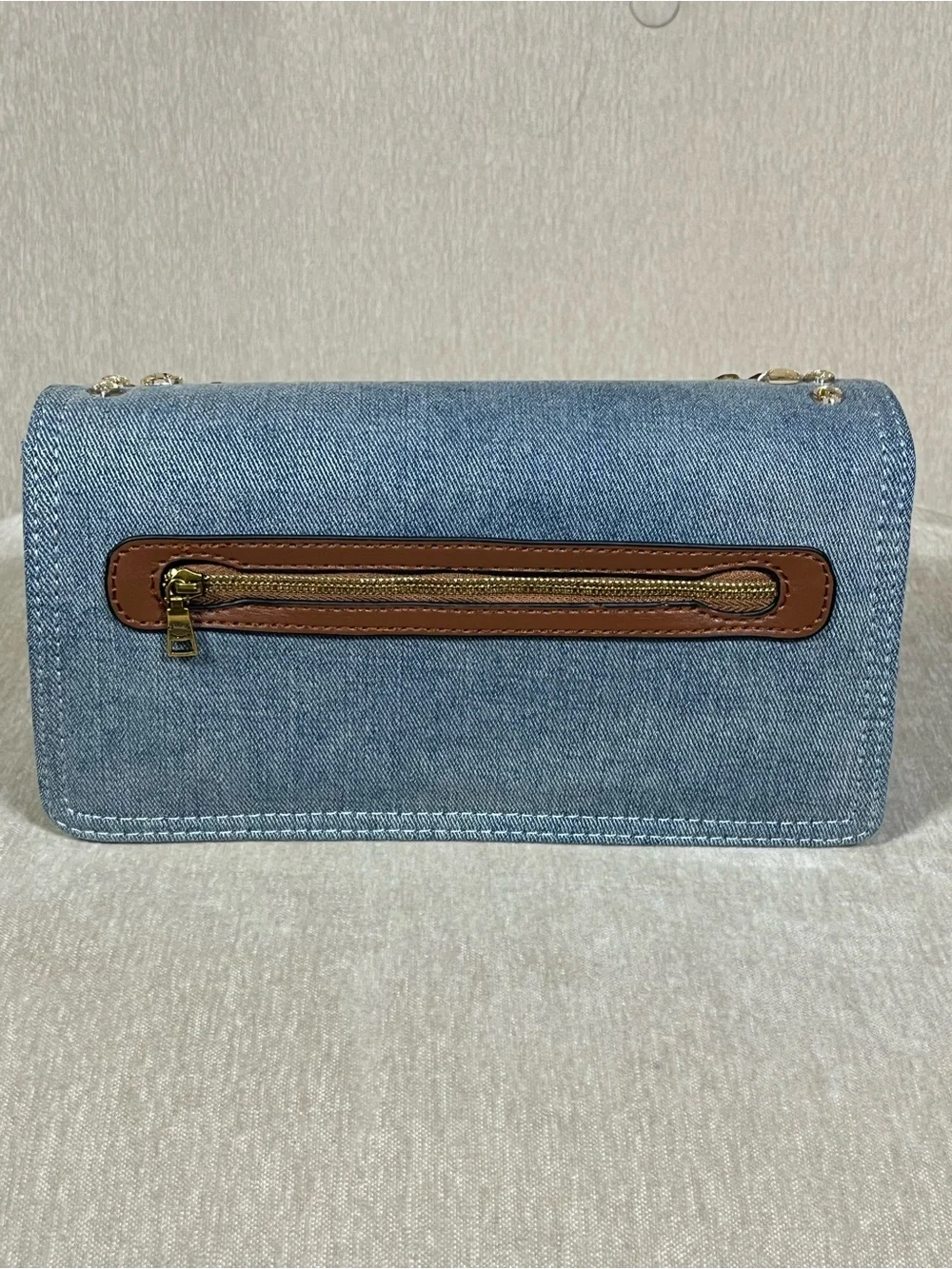 Coach Light Blue Denim Crystal-Embellished Clutch with Gold 'C'